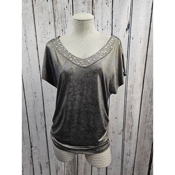 ALK Women's S Rock & Republic Metallic Studded Ruched Side V Neck Bklouse Top - Picture 2 of 8